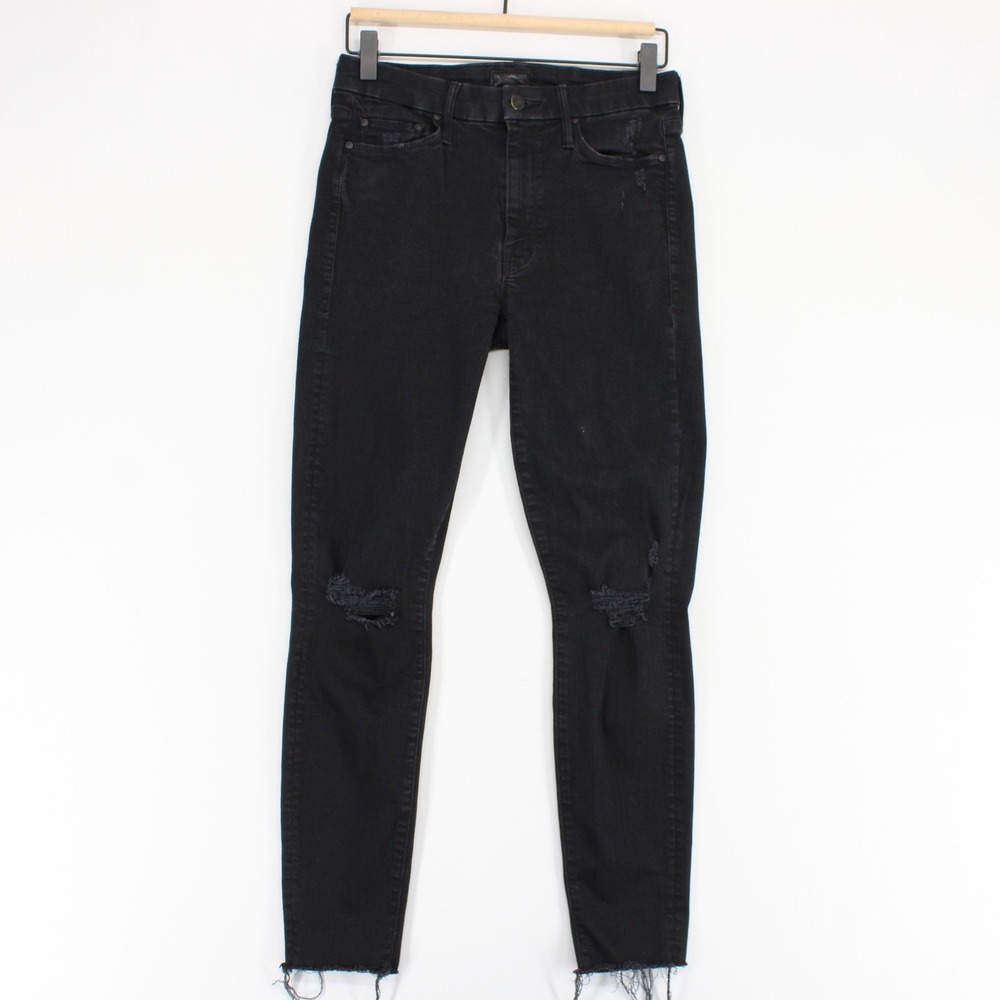 Mother Looker Jeans Womens 27 Black Ankle Fray Distressed Skinny High Rise